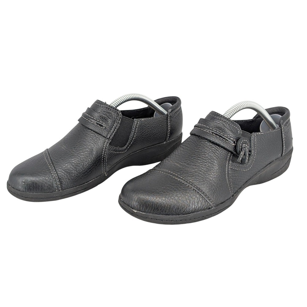 Clarks Womens Black Leather Slip On Loafers Cushion Soft Comfort Shoes Size 5.5